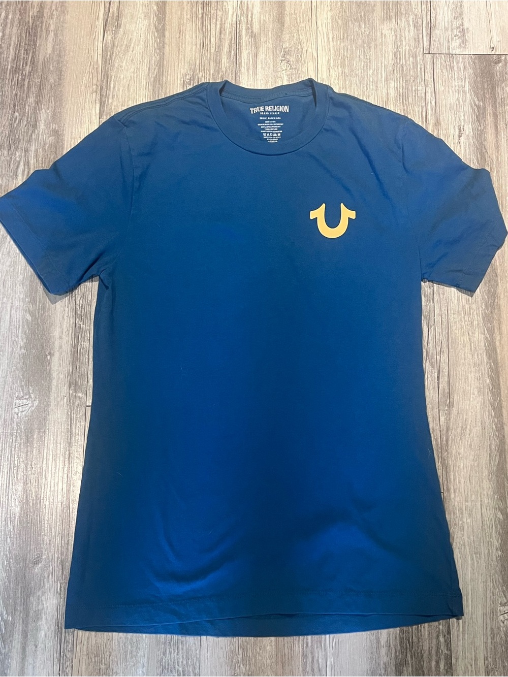 True Religion blue t-shirt with yellow logo Size S